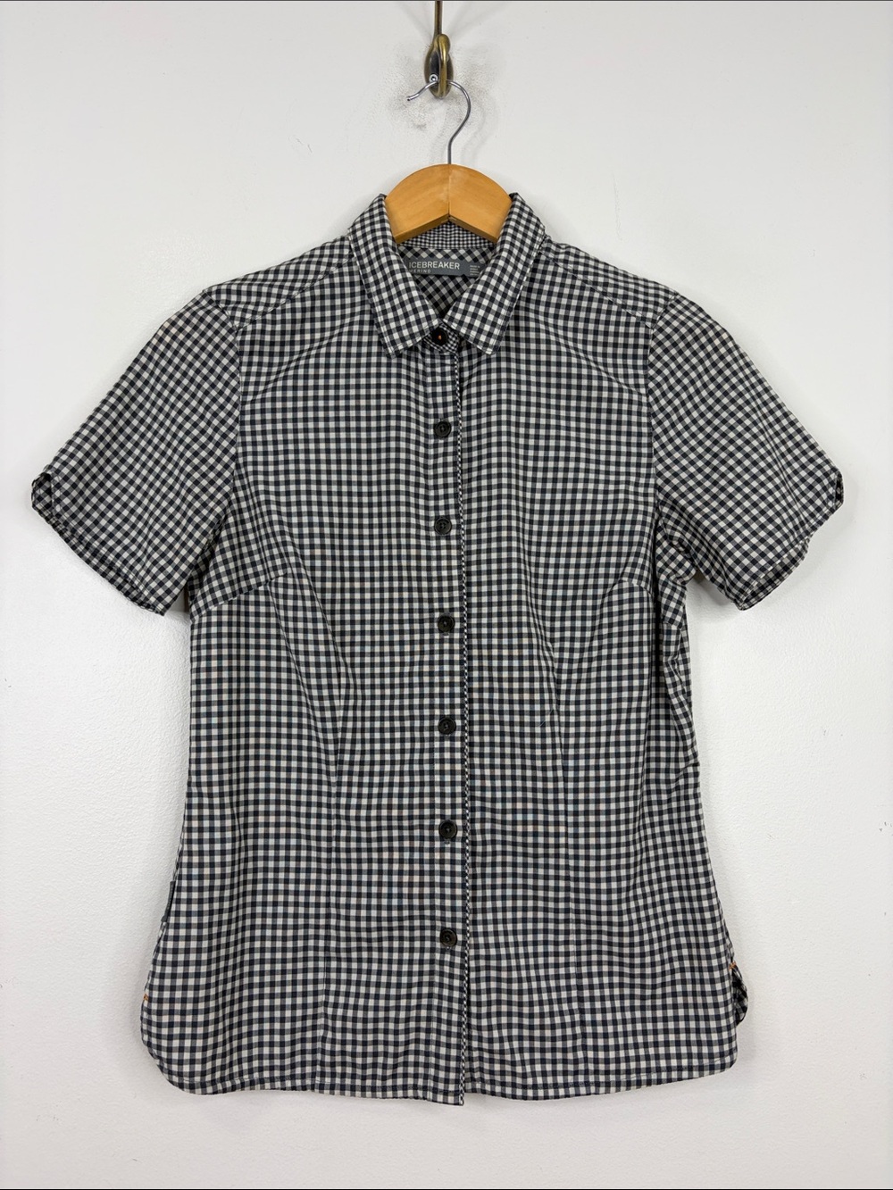 Icebreaker Shirt Women Womens Medium Gray Black Check Wool Short Sleeve Blouse